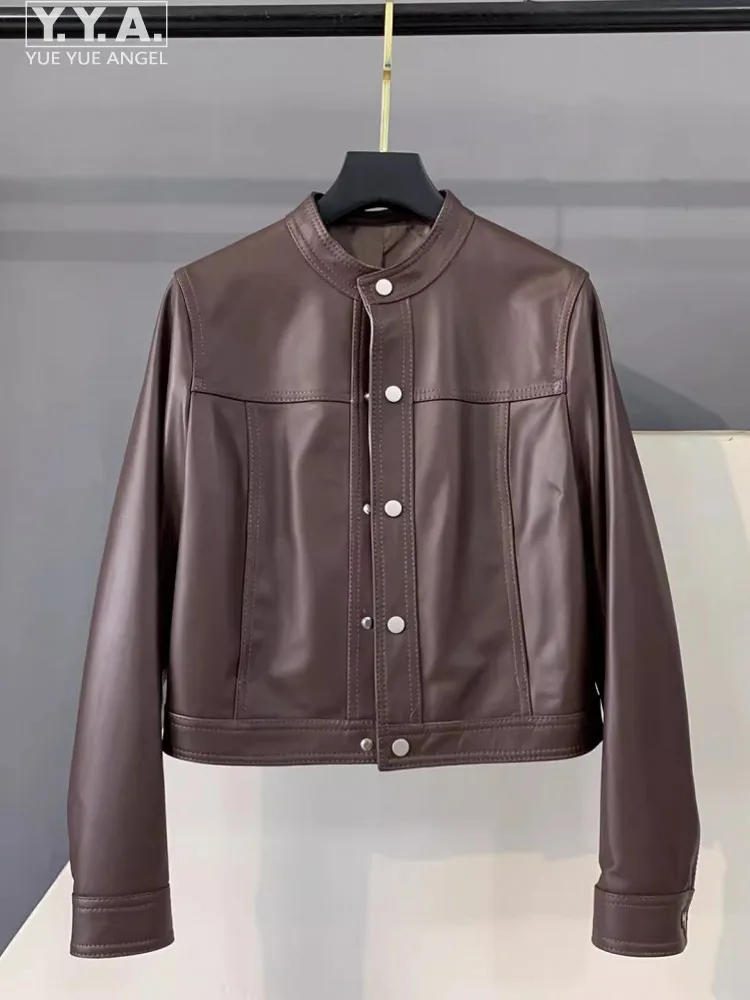 Autumn Winter Women Single Breasted Genuine Leather Sheepskin Short Coat Stand Collar Vintage Motorcycle Jacket Fashion Ladies