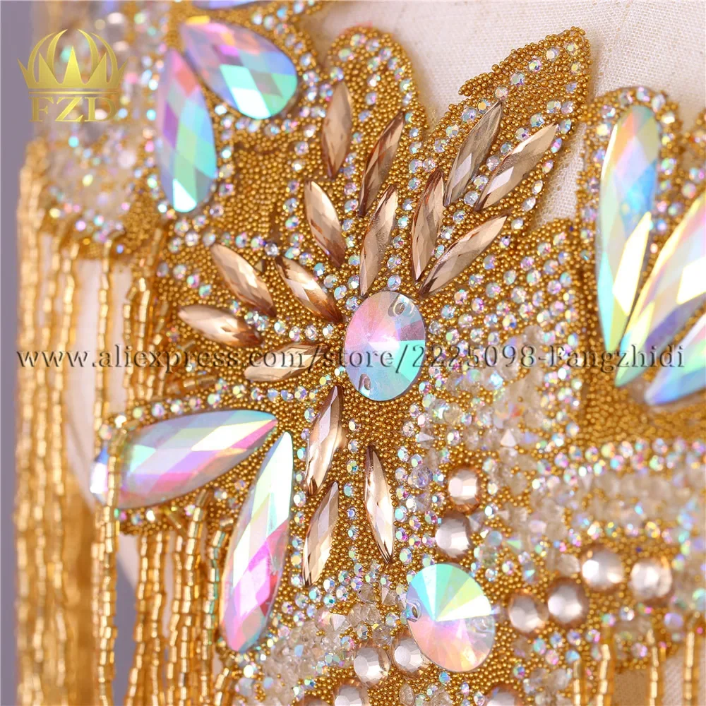 FZD 1 Piece Tassel Gold Bead clothing Beads Fringe Rhinestone Applique Patches with Gauze for Wedding Dress stickers for clothes