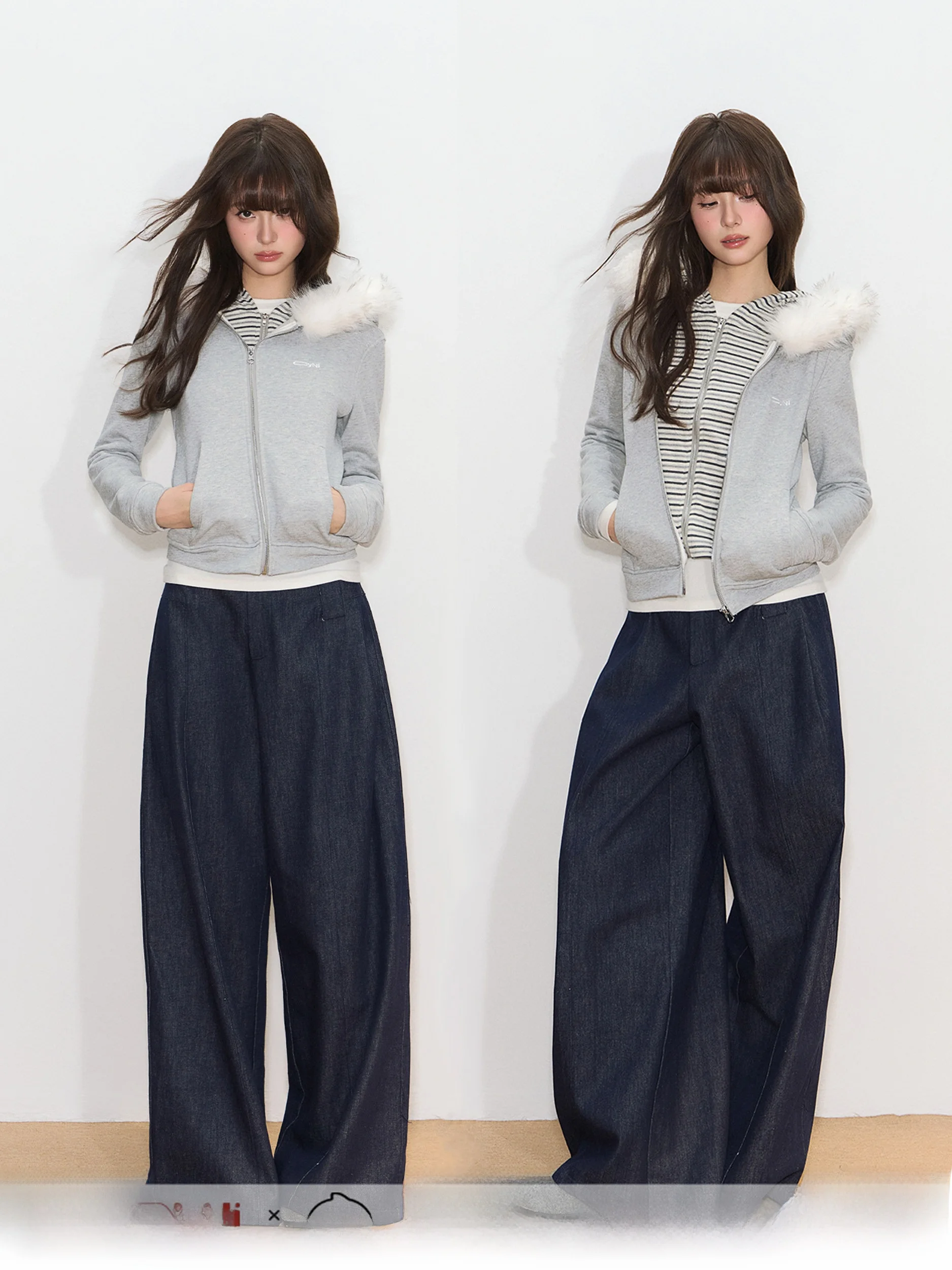 

Ay Zipper Splice Поддельный двухсекционный кардиган с капюшоном Jaet с меховым воротником Повседневное женское длинное хлопковое пальто све