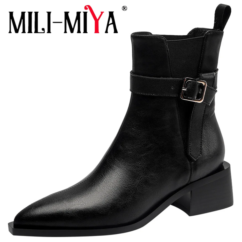 MILY-MIYA Autumn Winter Women Handmade Genuine Leather Ankle Boots Thick Heel Pointed Toe Buckle British Style Commuter Shoes
