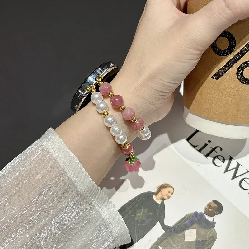 Correia de corrente de contas rosa para mulheres, pulseira, pingente de pêssego doce, Huawei GT4, GT3, GT2, ajuste 2, 18mm, 20mm, 22mm, 41mm