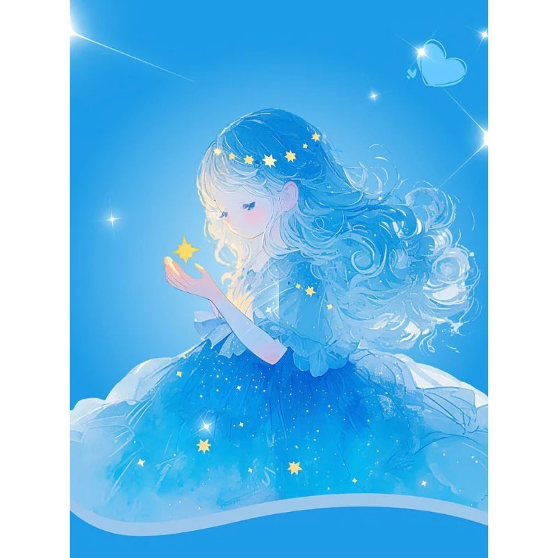 DIY Diamond Painting, Starry Maiden Painting, Soft Blue Tone Fantasy Maiden Holding Bright Star, Home Art Gift