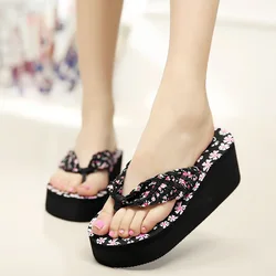 Summer Flip Flops Women Bohemian Sandals Shoes Women's Beach Slippers Flower Wedged High Heel Flip Flops Female Slides