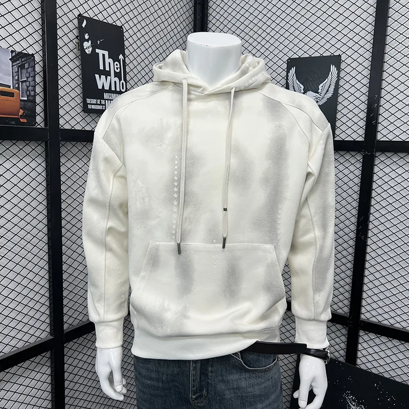 Men Hoodie Tie Dye Distressed Long Sleeve Pullover Sweatshirt Loose Fit Streetwear Hooded Top Trendy Brand Versatile Outerwear