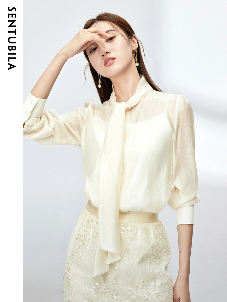 SENTUBILA Elegant Bow Tie Neck Long Sleeve Blouse Shirt for Women 2024 Office Lady Fashion Womens Lyocell Blend Tops and Blouse