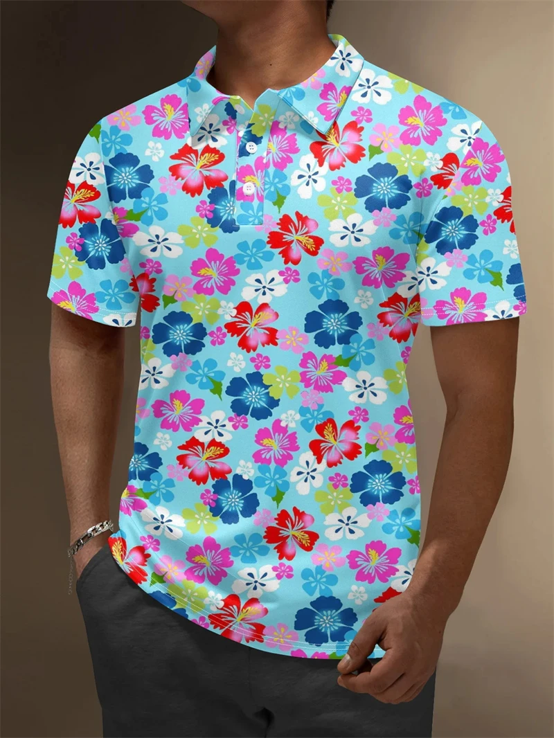 

Summer New Mens Polo Shirts 3d Full Print Flower Graphic T Shirts For Men Fashion Casual Oversized Lapel Button Up Polo Shirt