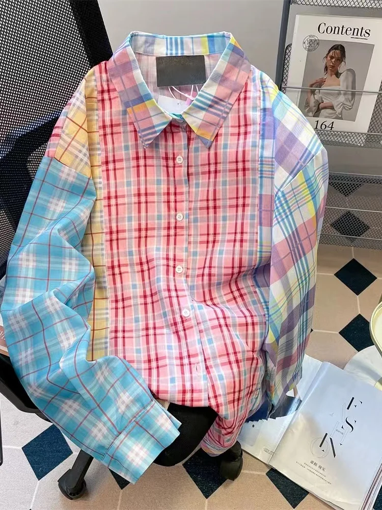 

Рубашка с длинными рукавами в клетку в стиле пэчворк цвета дофамина, женская летняя тонкая повседневная верхняя одежда, кардиган, топ