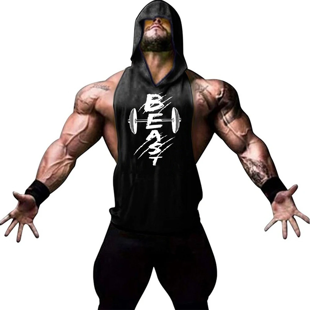 New fashion cotton sleeveless shirts gym hooded tank top men Fitness Vest Beast Bodybuilding singlets workout tanktop men