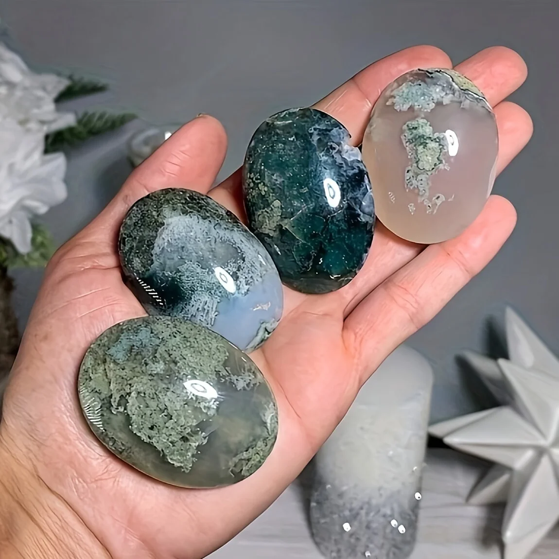 Moss Agate Palm Polished Moss Agate Pocket Stone Crystal Magic Wand Creative Gift Office Home Room Bedroom Decor