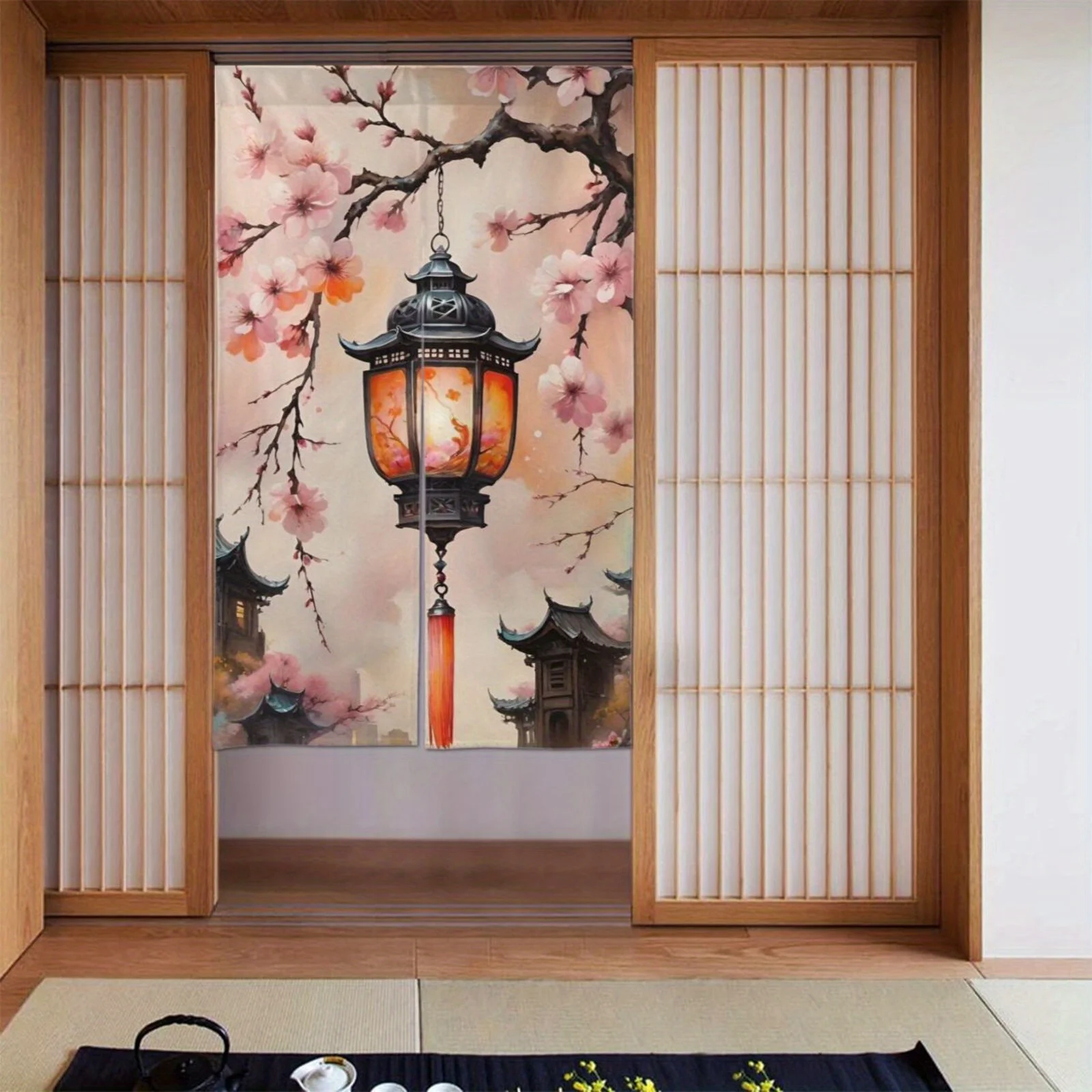 1pc Sakura lantern pattern door curtain, polyester fabric, machine washable, perfect for restaurant and kitchen decoration