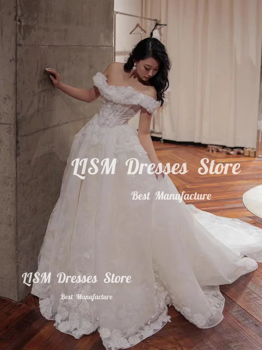 Lism Charming Handmade Rose Wedding Dress Off Shoulder Corset Back Ivory Tulle Sweep Train Luxury Bridal Gown Customized 2026