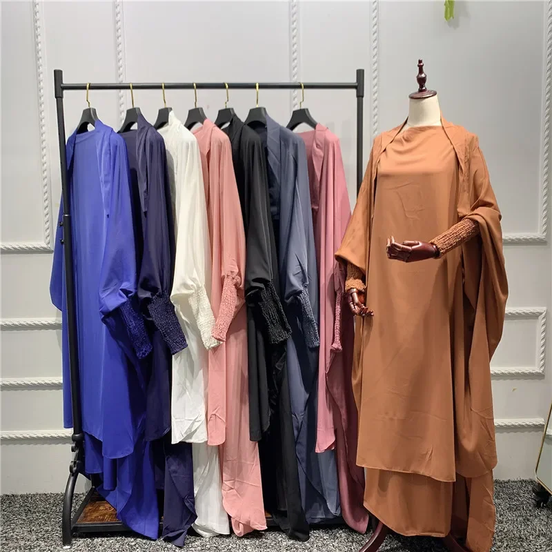 Conjuntos musulmanes de 2 piezas, batas Abaya Dubai, Hijab islámico, vestidos de mujer Eid con capucha, ropa de Ramadán, falda Khimar, bata árabe de cobertura completa