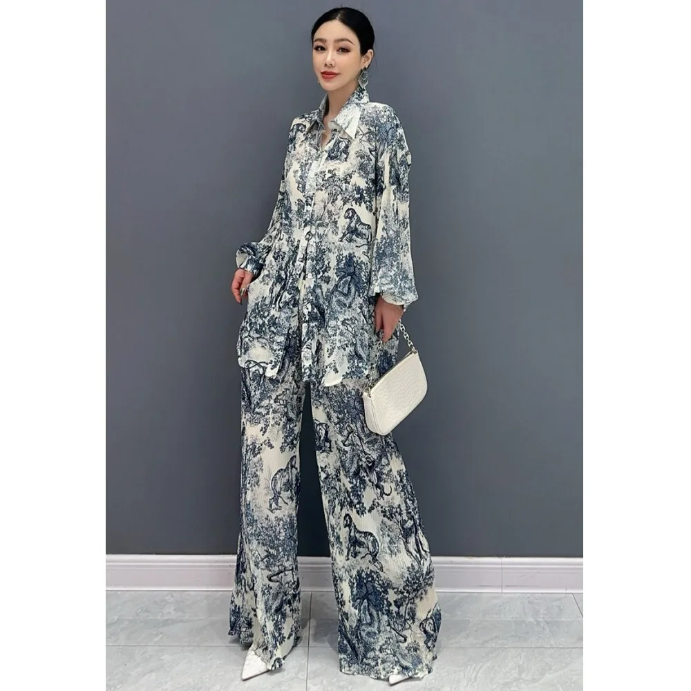 

2024 Autumn New Fashion Pant Set Double Color Painting Leisure Versatile Shirt + Pants Two Piece Set Women ZF041