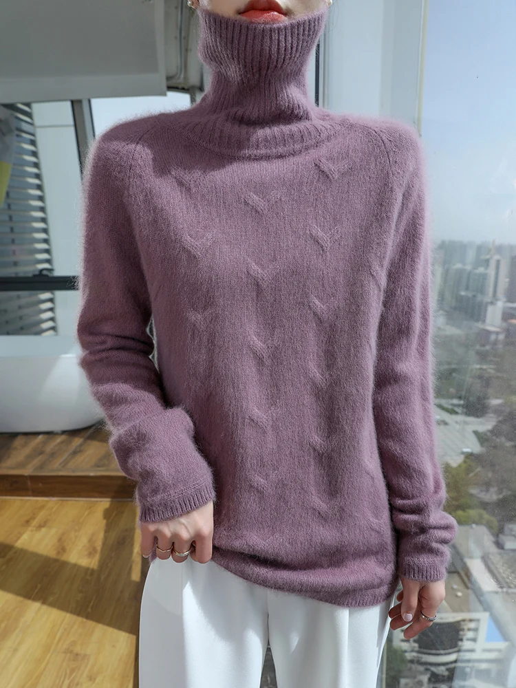 TLOML 新しい女性用 100% ミンクカシミヤセーター タートルネック ケーブルニット プルオーバー 厚手 カジュアル 秋冬 ソフトで暖かい 長袖トップス