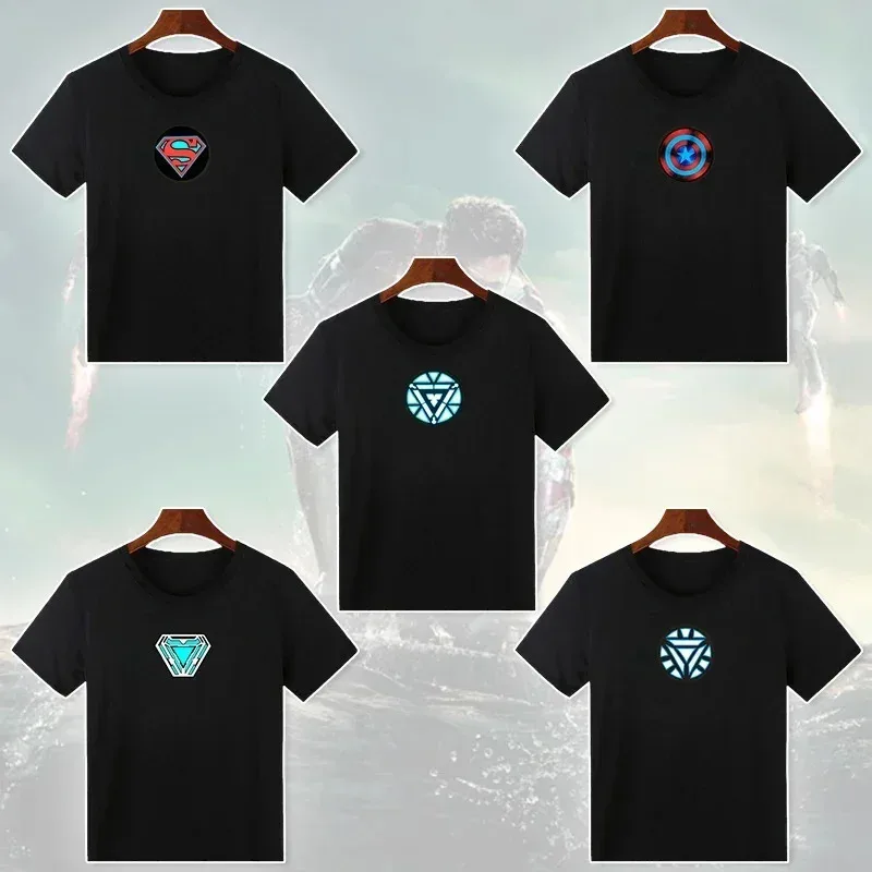 Camiseta brillante para adultos, disfraces de superhéroes Ironmanes, disfraces de Cosplay con batería Led, Control por voz, camisetas de manga corta brillantes para niños con carga brillante