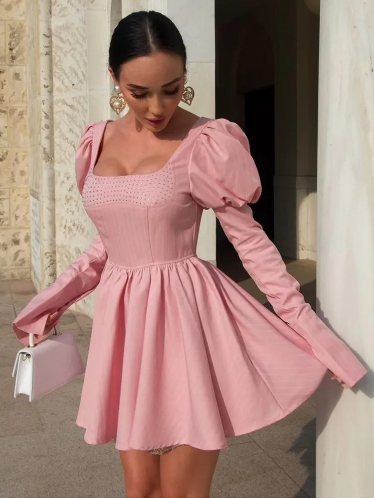 Women Celebrity Sexy Long Sleeve Diamonds Pink Pleated Pink A Line Gowns Dress 2024 Elegant Evening Party Club Dress Vestido