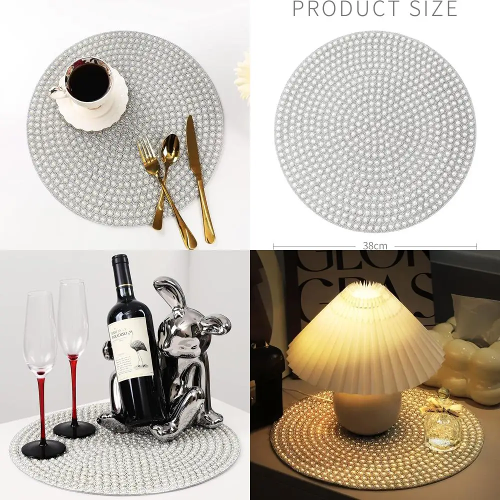 

Set of 4 Pearl 15 Round Placemats with Anti-Slip, Sparkling Silver Rhinestones for Table Decorations and Centerpieces