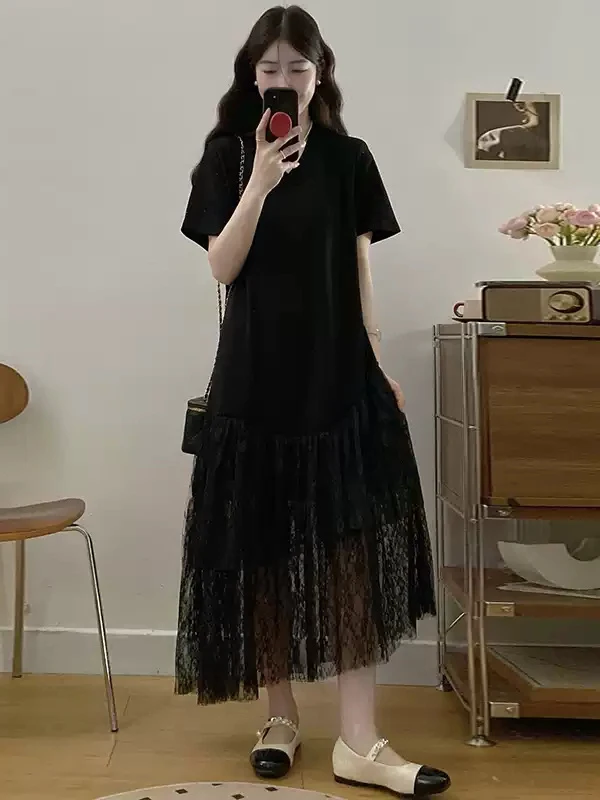 Grande taille Patchwork Dr femmes été ample minceur Ele coréen Sle H-Line longue Sve ronde Ne ort Sve T-shirt...