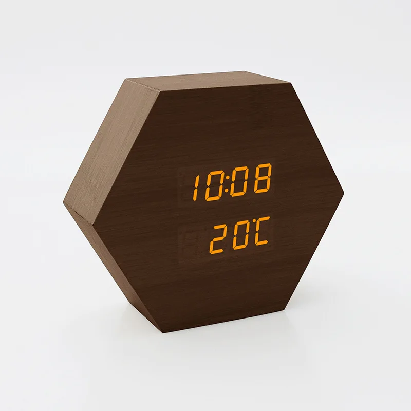 Hexagonal wood grain LED multifunctional alarm clock