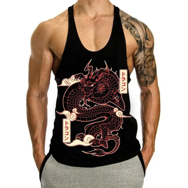Gym Men's Japanese Dragon Graphic Stringer Tank Top, Kanji Print, Bodybuilding Gym Vest, Summer Casual Sleeveless Shirt