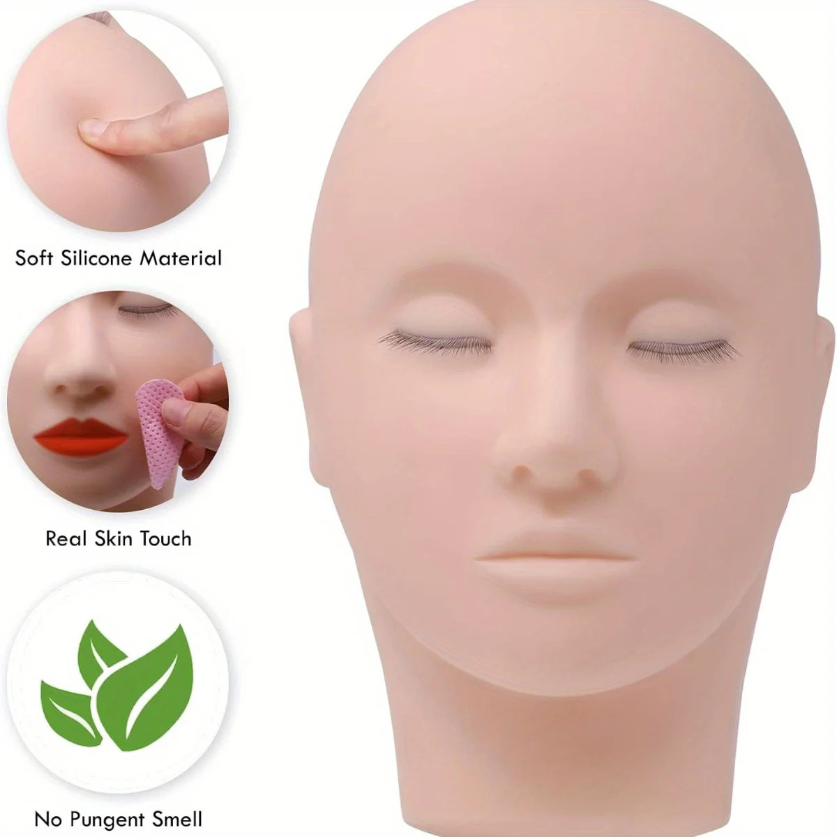 Lash Mannequin Head with 3 Lash Layers, Practice Training Manikin for Makeup and Eyelash Extensions, Silicone Rubber Flat Doll