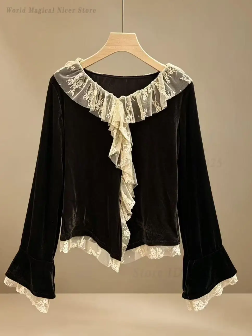Women Autumn New Velvet Splicing Lace V Neck Top Fake Two Piece T Shirt Retro Chic Design Blouse Casual Ladies Shirt