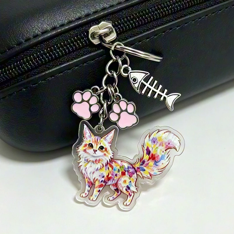 New Colored Maine Coon Acrylic Keychain Fishbone Claw Printed Combination Pendant Bag Small Pendant Holiday Cat Enthusiast Gift
