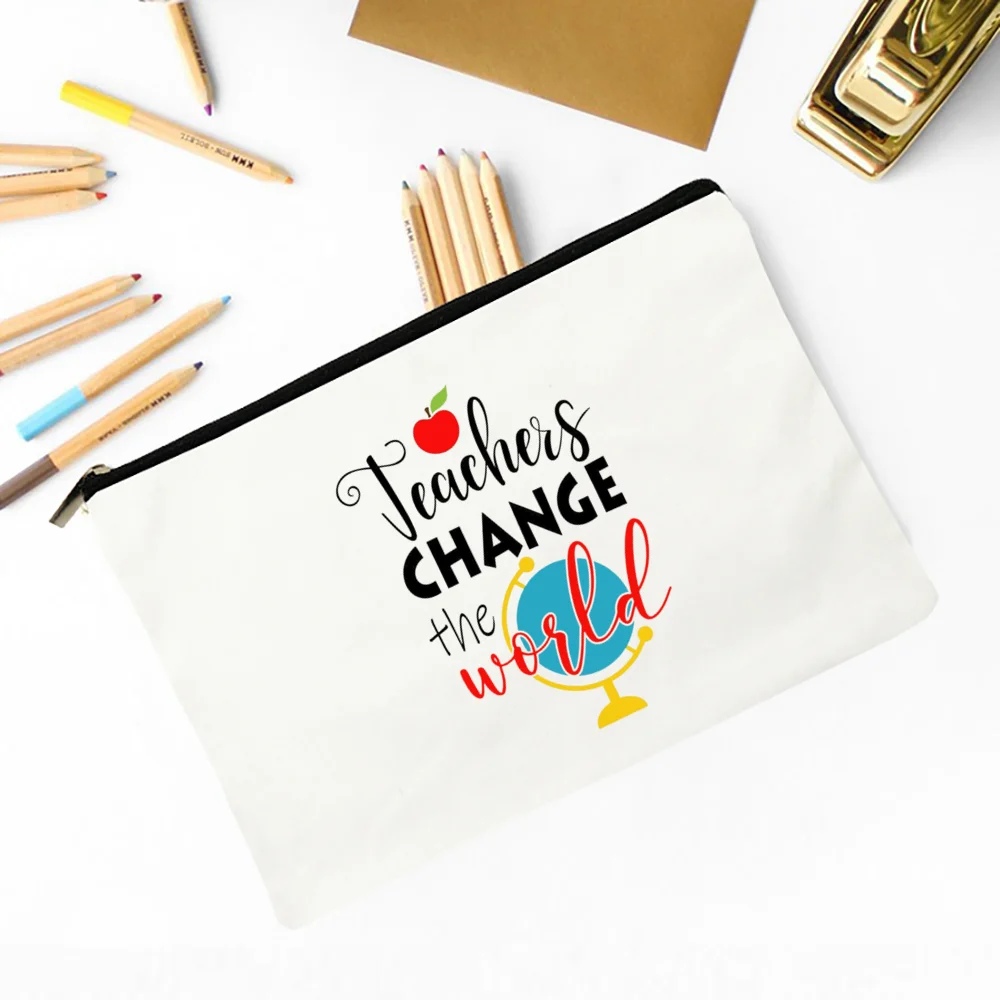 Teacher Change The World Print Cosmetic Bag Supplies Storage Bags Travel Wash Pouch Pencil Case School Stationery  Teacher Gift