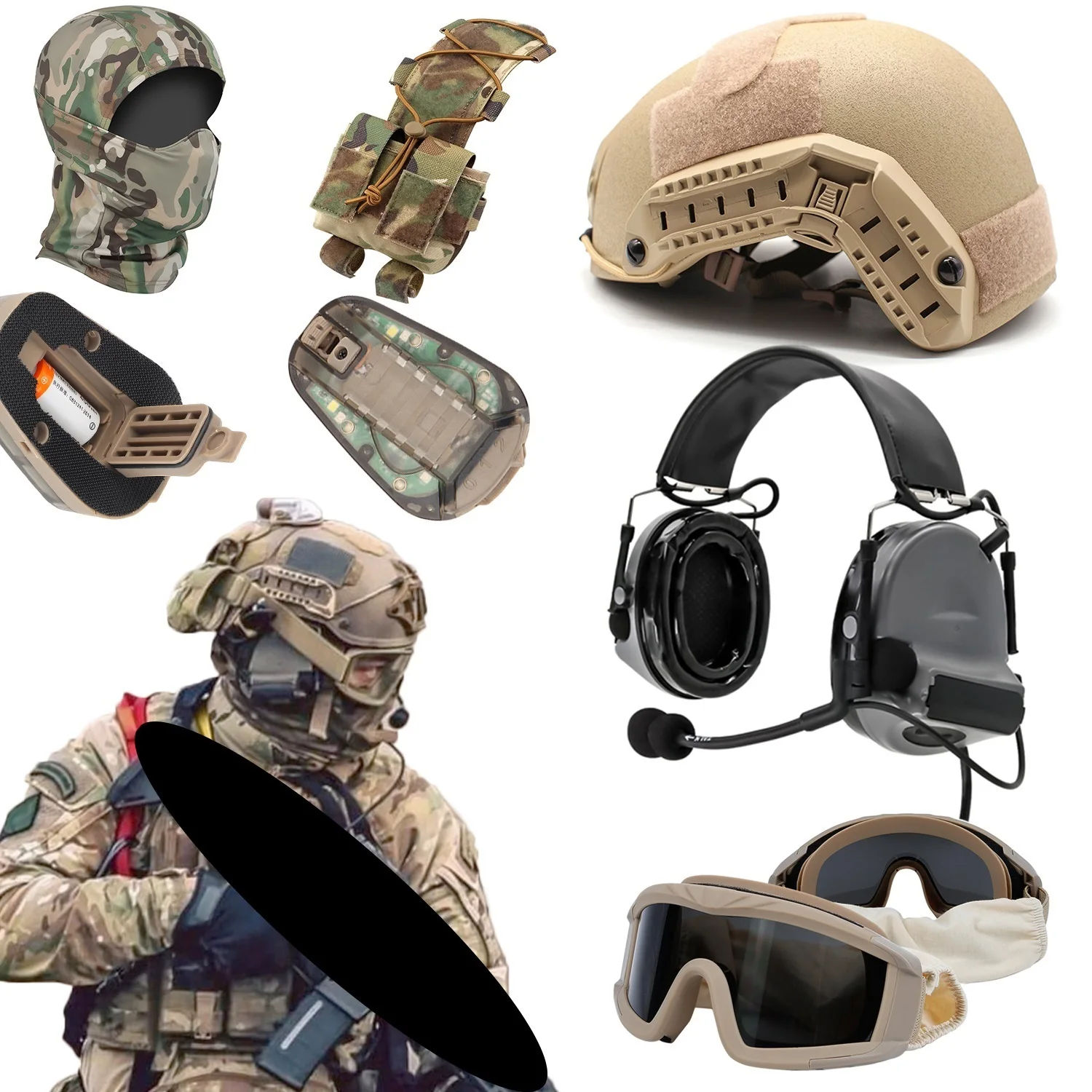 Airsoft Fast Helmet Set 7 Pack - HD Tactical Super Noise Canceling Headset - Helmet IR Strobe - for Tactical Operations