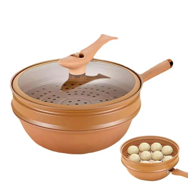 Iron Wok With Lid Non Stick Clay Wok With Steamer Basket Micropressure Clay Natural Frying Pan Titanium Household Frying Pan New