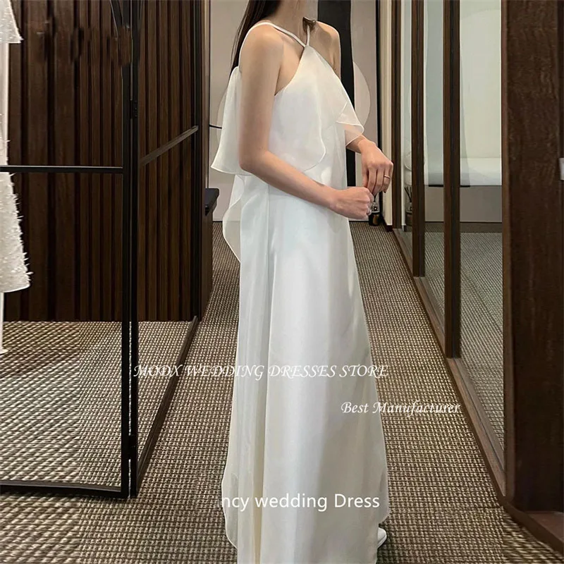 MODX Simple เกาหลีชุดแต่งงานถ่ายภาพ Halter ผ้าไหมซาตินสายชุดเจ้าสาวอย่างเป็นทางการ Mariage ชุด Custom Made