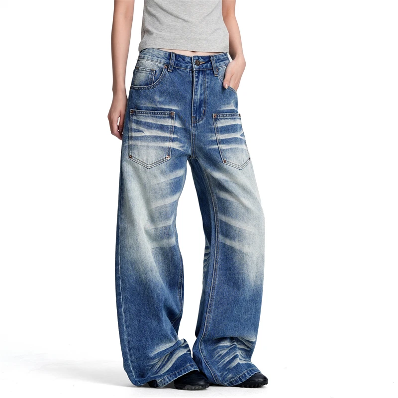 Women's Multi-pocket Casual Jeans Girls Bottoms Wide Leg Pants Blue Denim Trousers Female High Waist Straight Streetwear