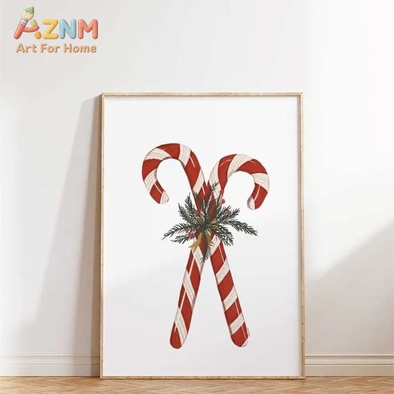 AZNM Crossed Candy Cane Pine Sprig Christmas Canvas Wall Art, Minimalist Winter Holiday Frameless Canvas Print Poster for Home I