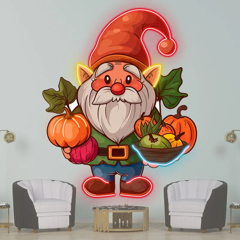 Thanksgiving Elf Gnome Neon Light Sign - Harvest Design with Pumpkins & Fruit, Perfect for Fall Festive Decor, Kitchen, Holiday