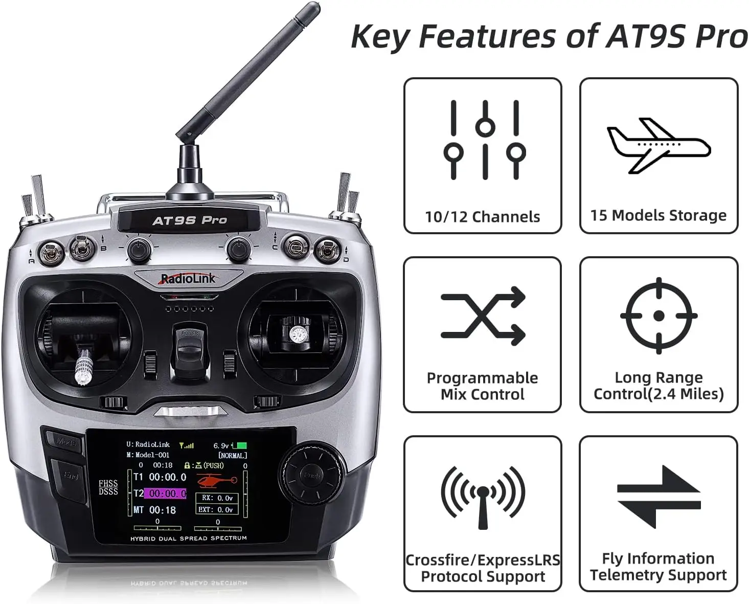 AT9S Pro 10/12 Channels Radio Transmitter and Receiver R9DS, Long Range for Airplane/Jet/FPV Racing Drone/Quad/RC Truck Car/Boat