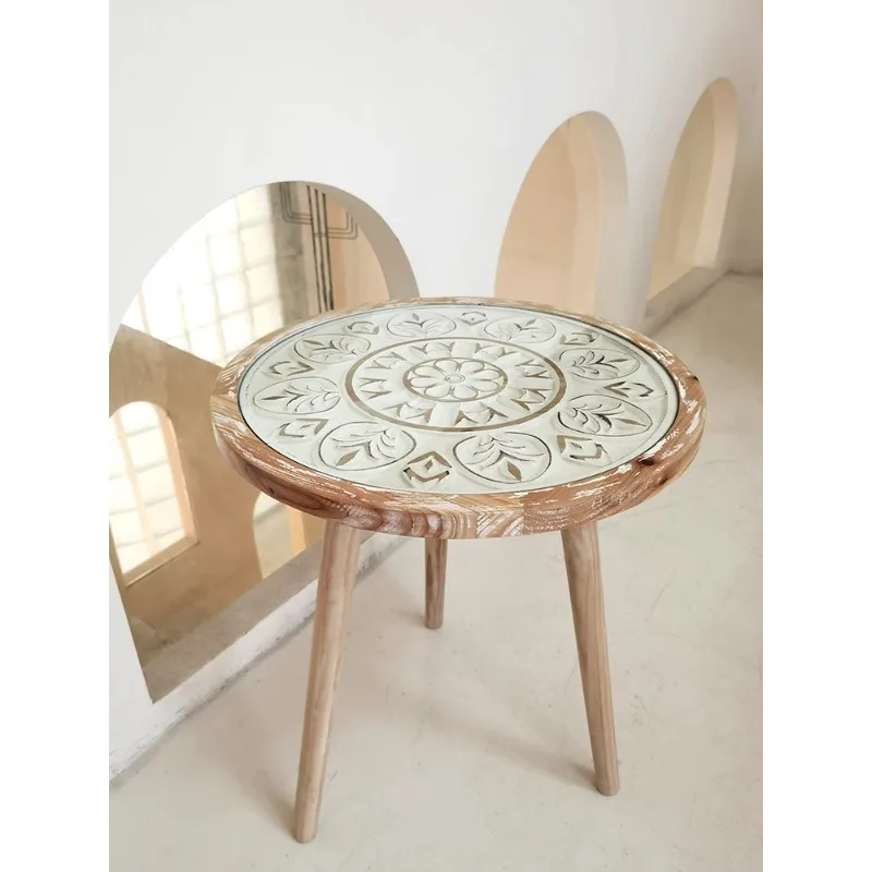 

Moroccan retro old solid wood French small coffee table balcony small round table American garden sofa edge table