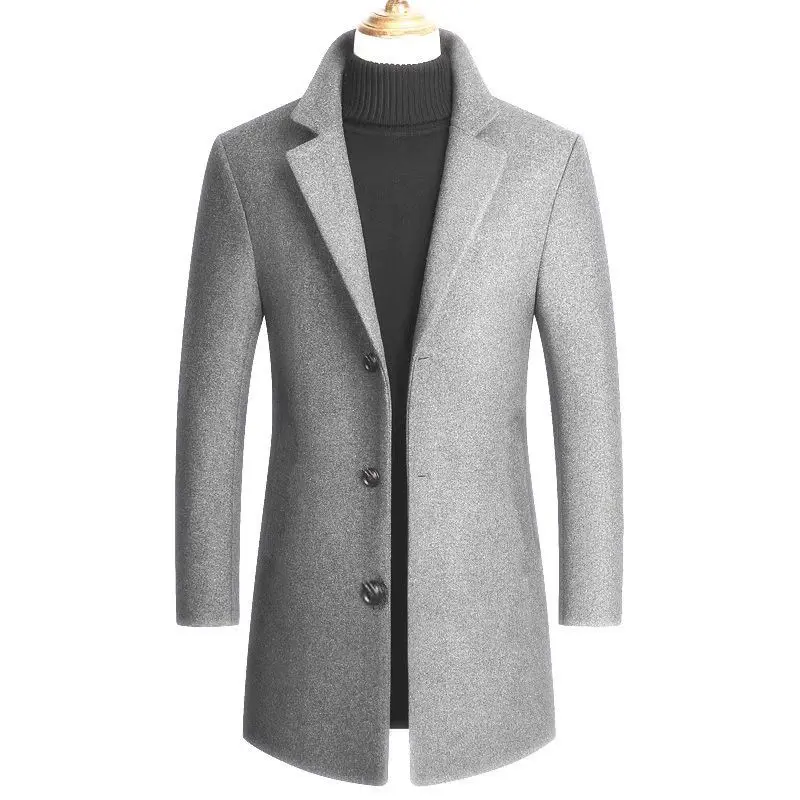 Casual Men's Woolen Coat Spring Autumn Winter Mid-Length Men's Windbreaker Slim Fit Middle-Aged Woolen Jaet M Woolen