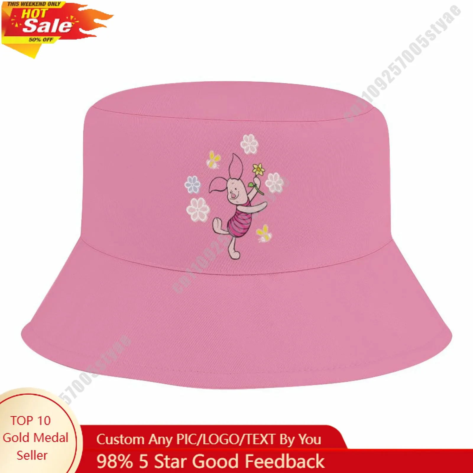 

Piglet Bucket Hat Disney Cartoon Character Custom Design Upload Your Image Logo Fisherman Hat 50–54cm Head Circumference