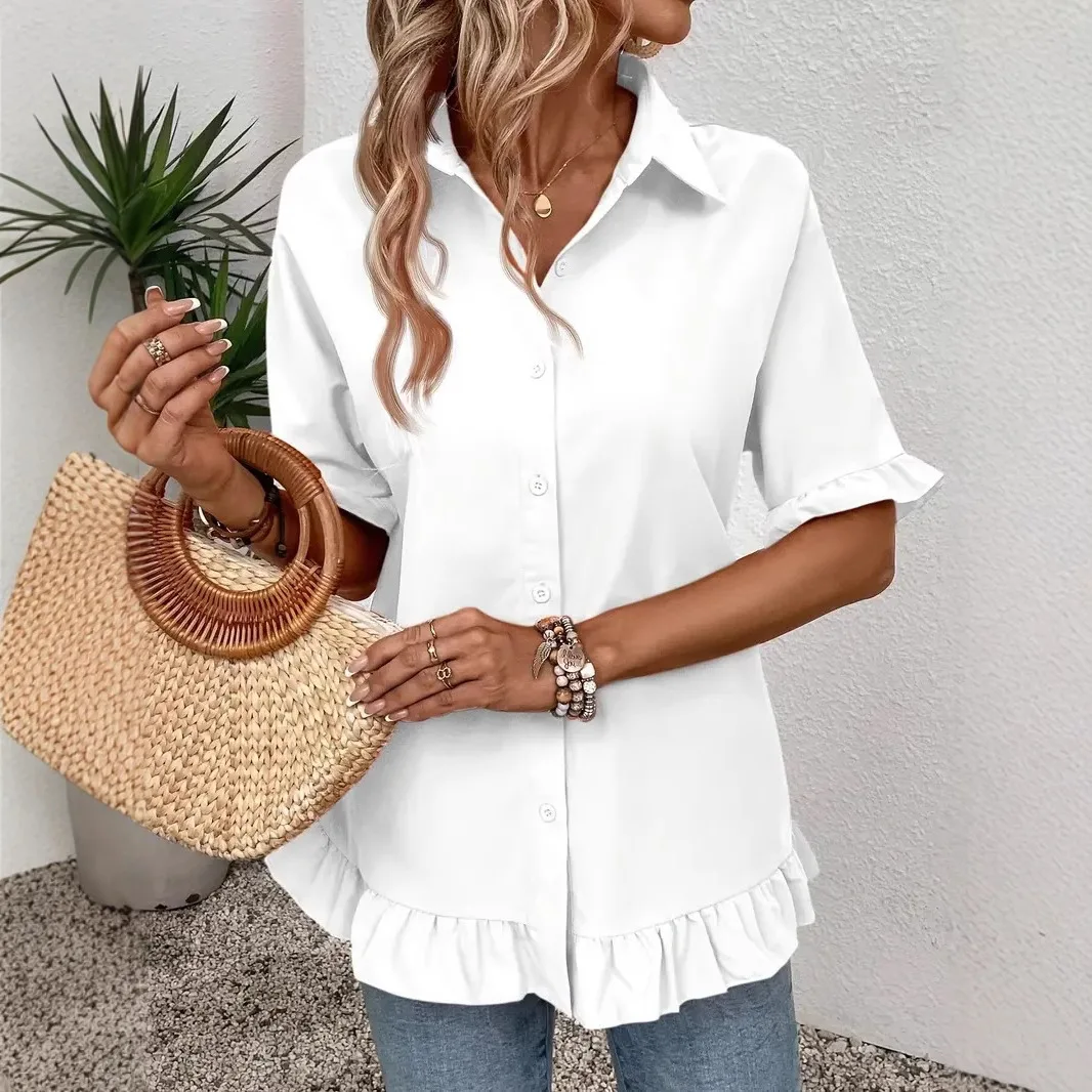 

2025 Summer Women's Shirt White Fashion Loose Cardigan Orange Foliage Hem Mid-sleeved Top Blouses for Female