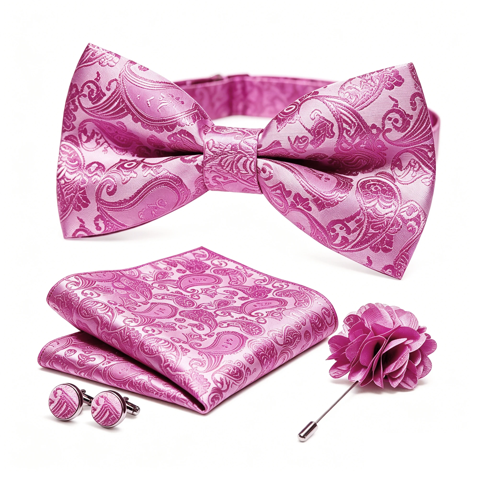 36-teiliges Set: Schwarze Seiden-Jacquard-Paisley Herrenfliege, Brosche, Einstecktuch und Manschettenknöpfe – Vorgebundene Schmetterlingsfliege für Herren, Hochzeit und Business – Detail 16