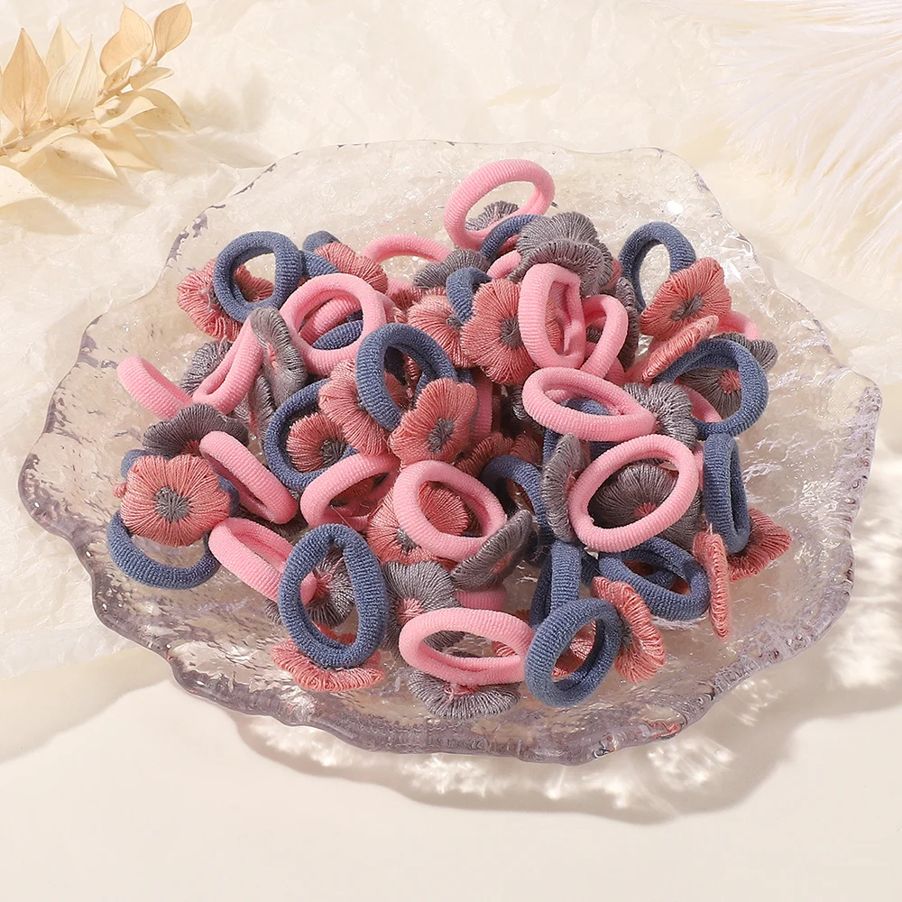 

50pcs Random Color Girls Flowers Butterfly Children Hairbands No Harm Hair Cartoon Towel Rope Ponytail Holder Mini Rubber Band