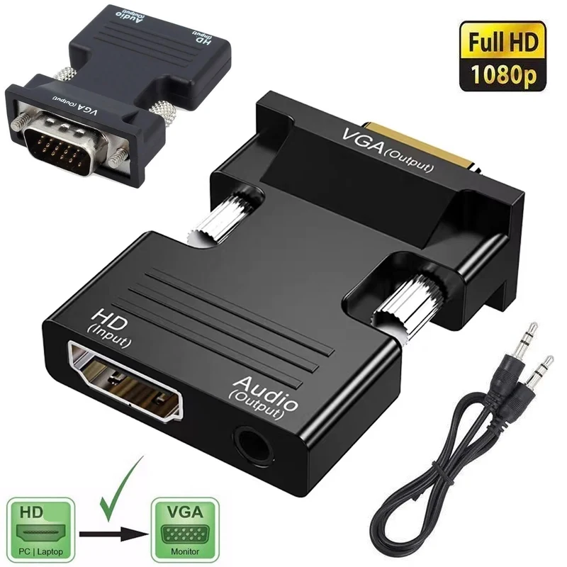 HDMI-kompatibler zu VGA-Konverter mit 3,5-mm-Audiokabel für PS4, PC, Laptop, TV, Monitor, Projektor, HD 1080P, VGA-Buchse auf HDTV-Stecker