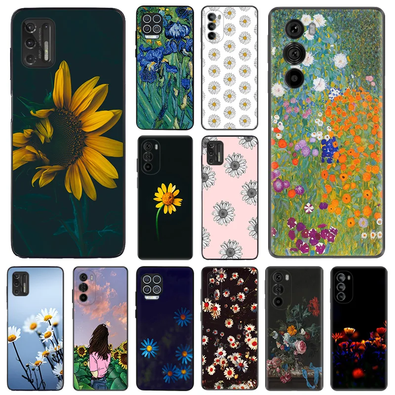 Matte Phone Case for Motorola Moto G31 G50 G30 G51 G60 G71 G22 G32 G52 G72 G53 G73 G9 Plus Daisy Sunflower Rose Black Soft Cover