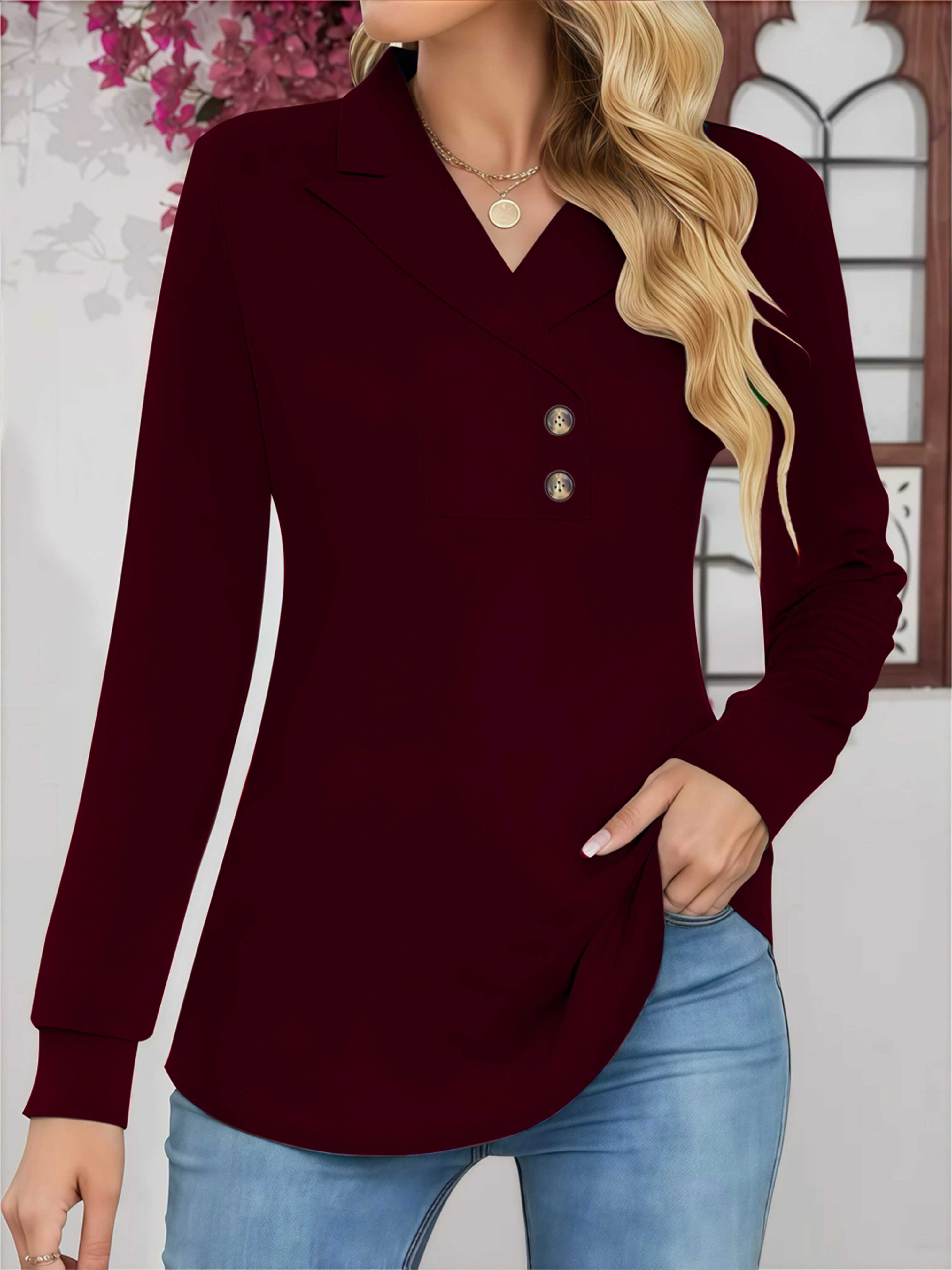 

Autumn Lightweight Long Sleeve Plus Size Blouse - V Neck Lapel Collar Button Front (Solid Color)