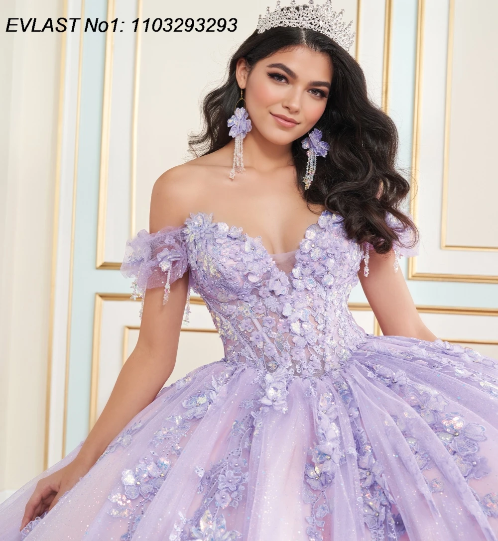 

EVLAST индивидуальное сиреневое бальное платье 2025 года, платье Quinceanera, корсет с 3D цветочной аппликацией и бисером, Sweet 16, Vestidos De 15 Anos E1Q814