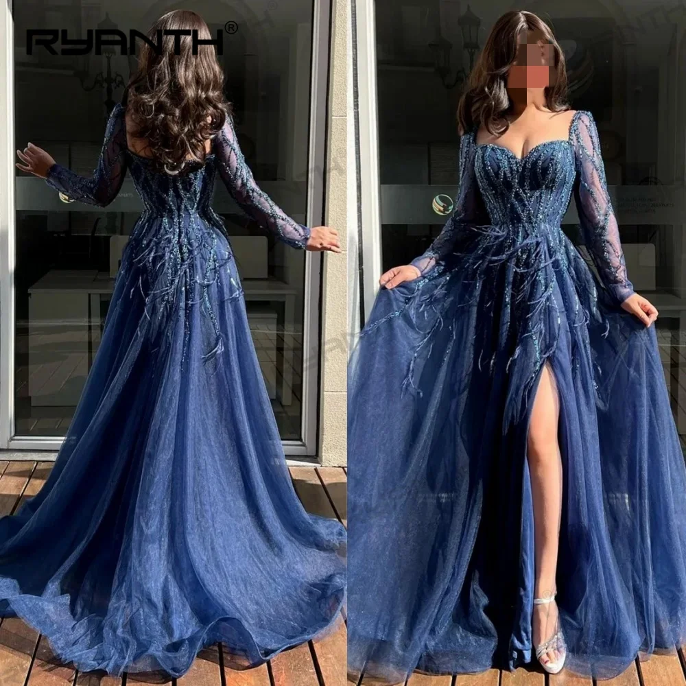 Ryanth Elegant Sweetheart A-line Evening Dresses Tassel Lace Layered /Tulle Floor length Prom Exquisite vestidos de noche فساتين