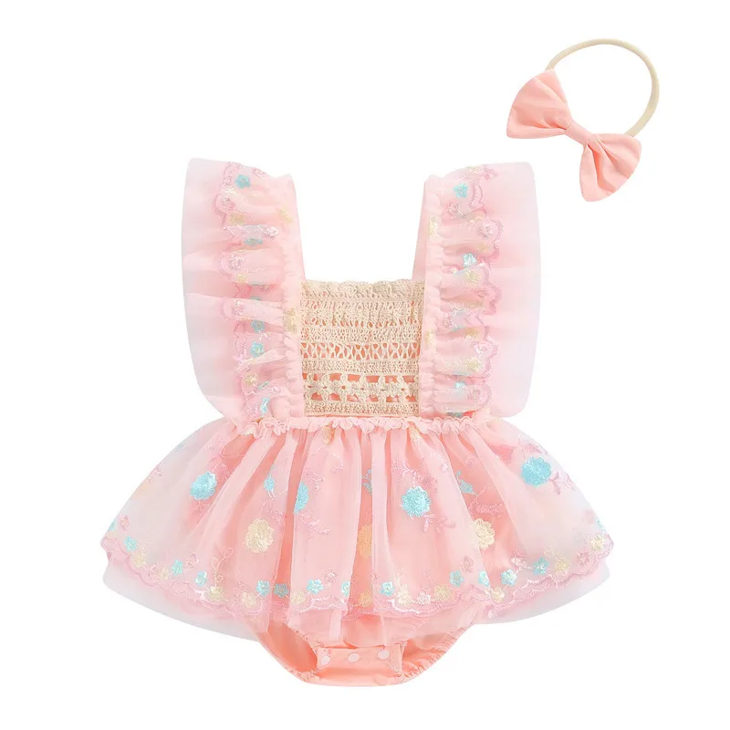 Baby Girl 2 Piece Summer Set, Flower Embroidery Fly Sleeve Mesh Romper Dress Bow Headband Infant Toddler Outfits