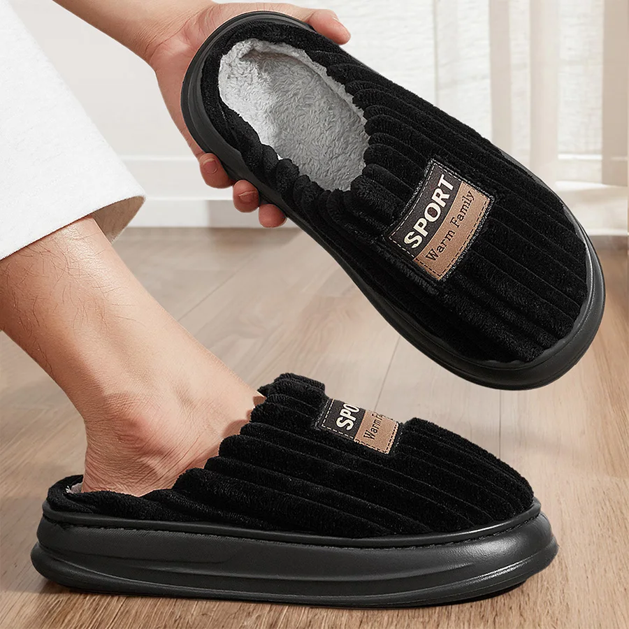 Winter men's striped suede slippers EVA sole platform anti slip memory foam cushion soft and warm indoor home shoes image 6