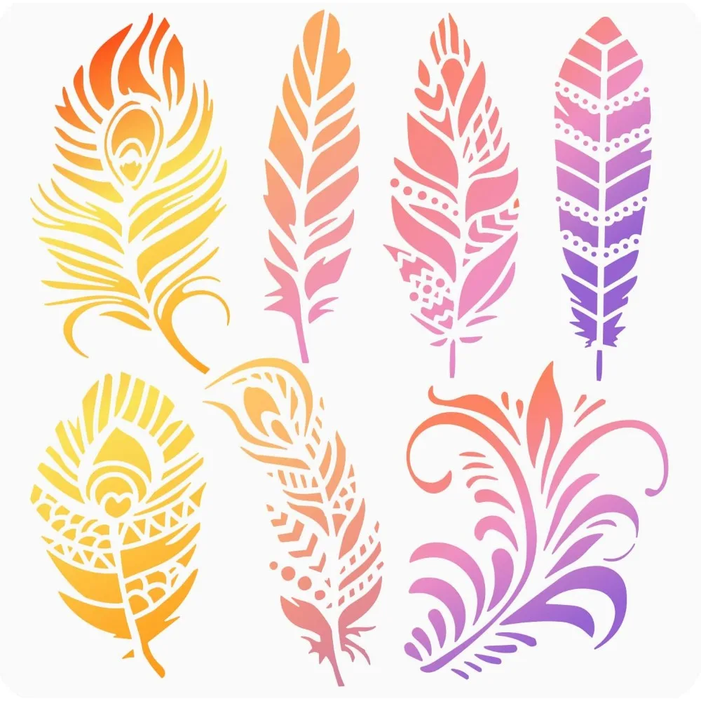 

Mandala Feather Painting Stencil 11.8x11.8 inch Hollow Out Indian Feather Craft Stencil Reusable Plastic 7 Style Feather Stencil