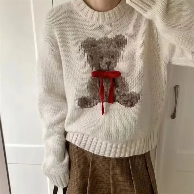 Kimotimo Cartoon Bear Jacquard Pullover Women Korean Style O Neck Contrast Color Sweater Autumn Winter Sweet Short Knitted Tops